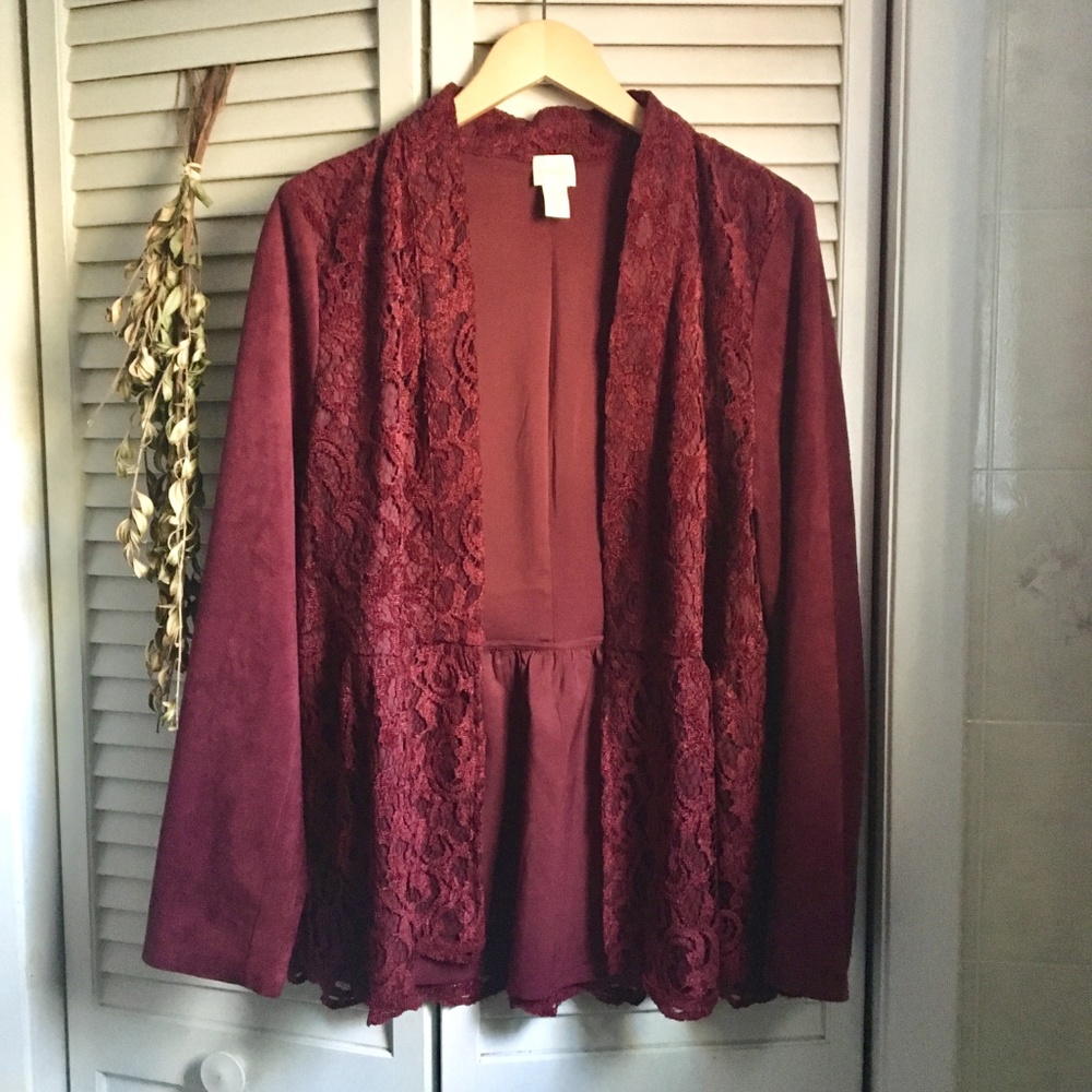 {Chico's} Cranberry Peplum Lace Overlay Jacket, L - Picture 8 of 8